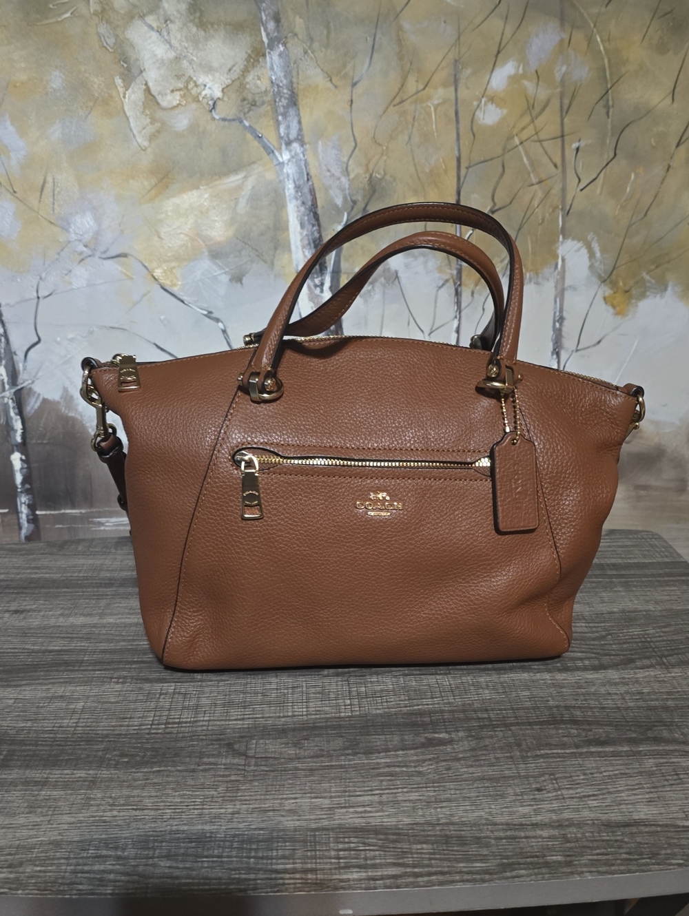 Coach Pebbled Leather Satchel in Cognac Brown with Gold Hardware